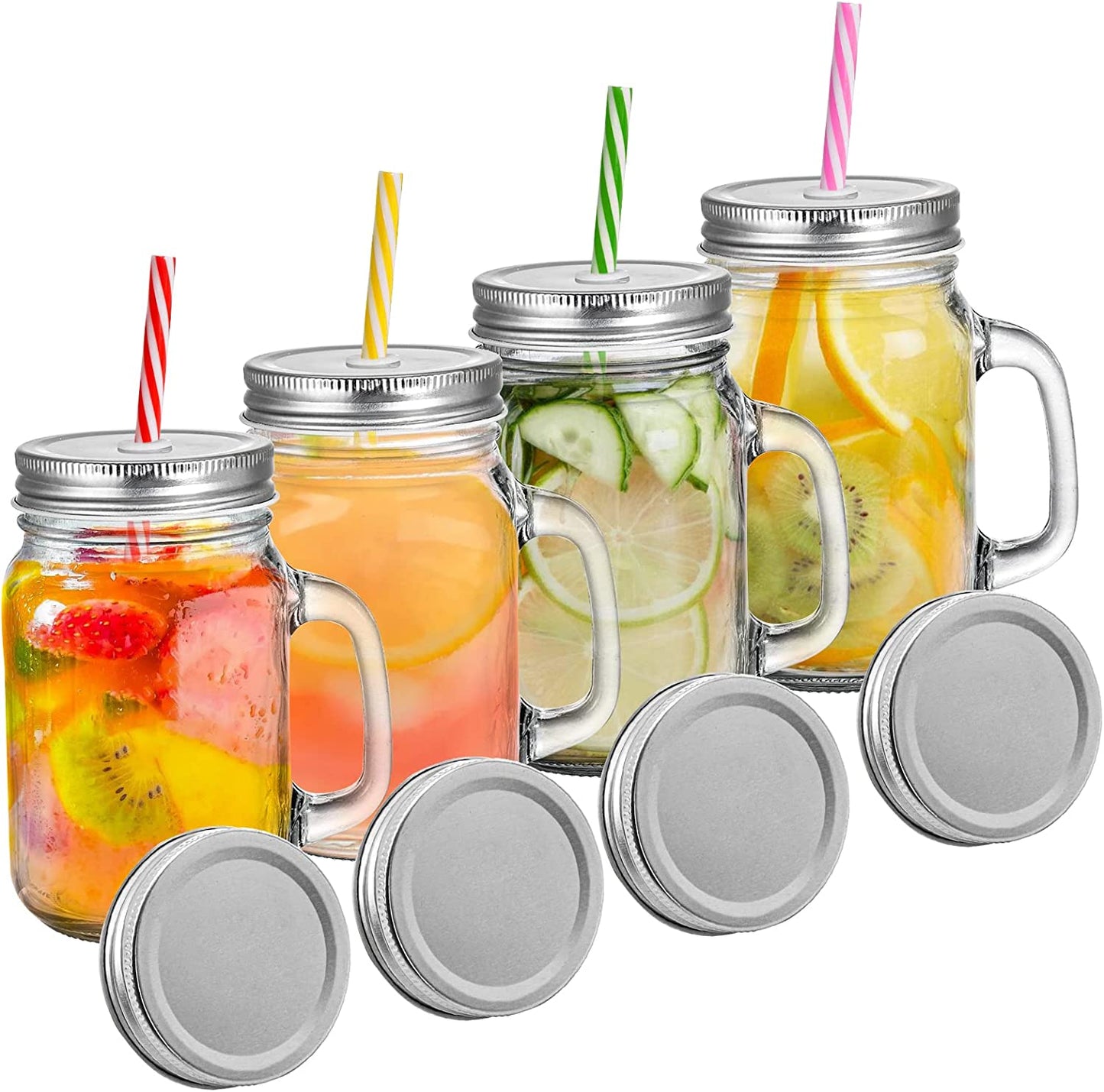 Pack of 2 Mason Jar - Glass Jars with Handles and 2 lid 1 with Straw and 1 Without Straw Screw Top